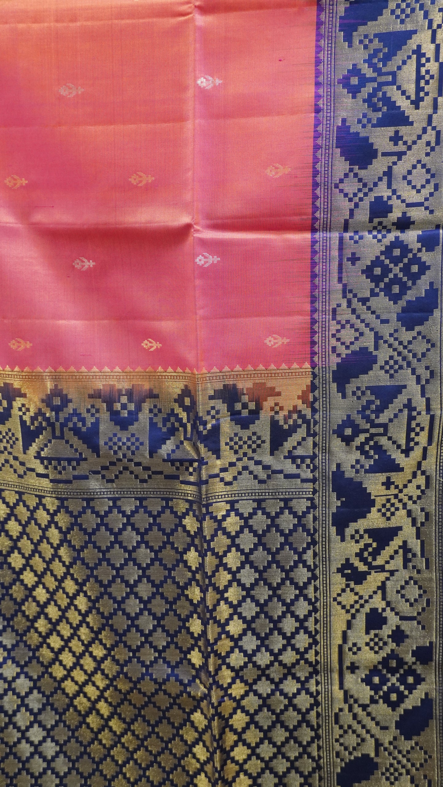 Pure Soft Silk Saree - Pinkish Orange-Navy Blue