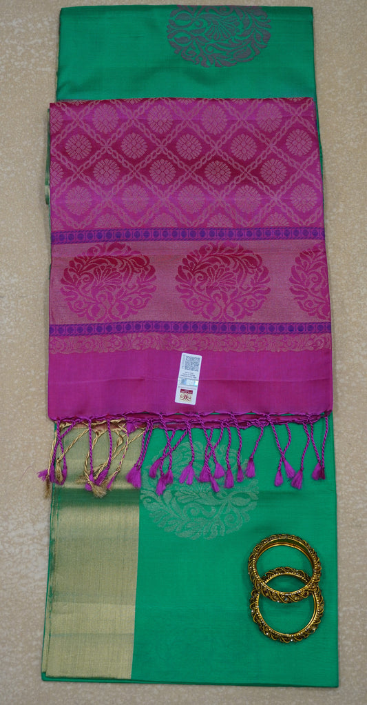 Pure Soft Silk Saree -Teal Green-Pink