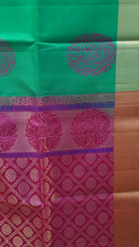 Pure Soft Silk Saree -Teal Green-Pink