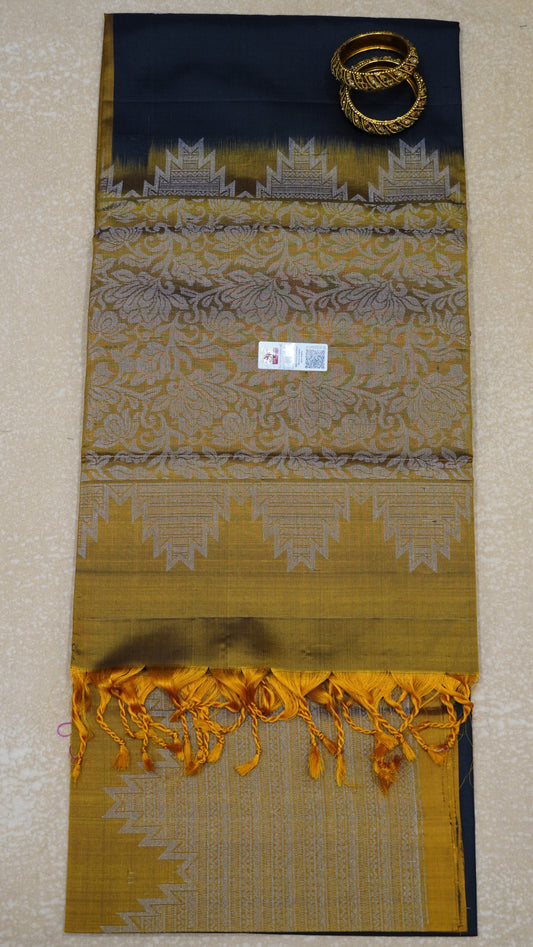 Pure Soft Silk Saree -Black-Golden Yellow