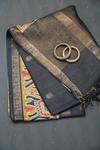 Pure Jute Tussar Saree - Elephant Border Black