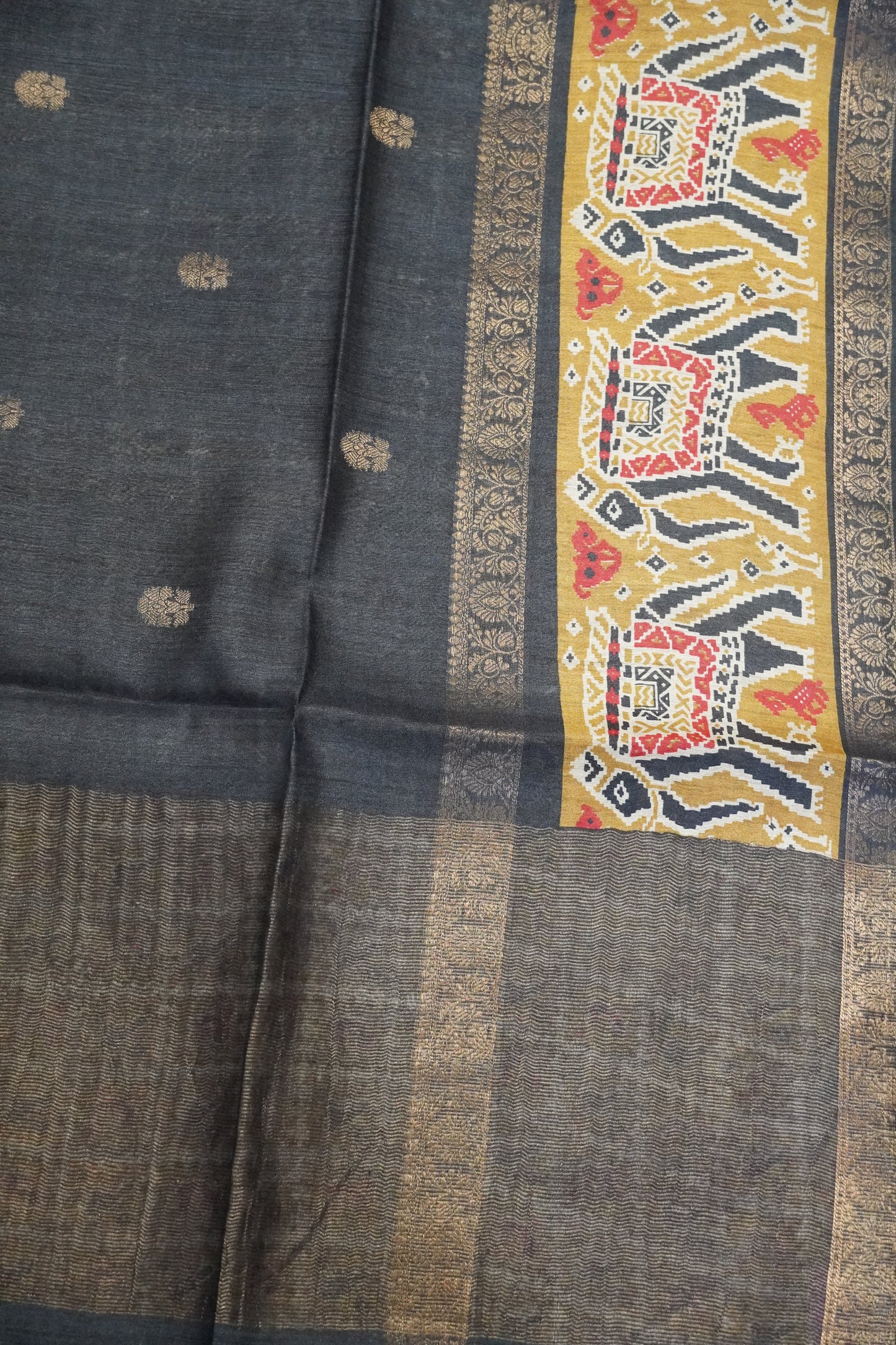 Pure Jute Tussar Saree - Elephant Border Black