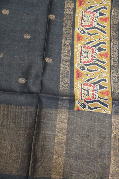Pure Jute Tussar Saree - Elephant Border Black