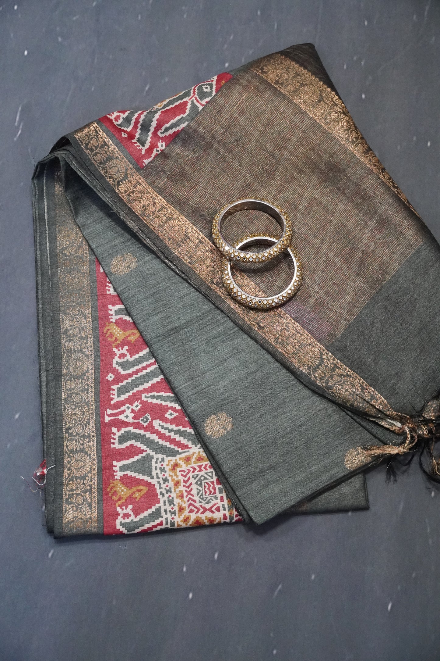 Pure Tussar Saree - Elephant Border Army Green