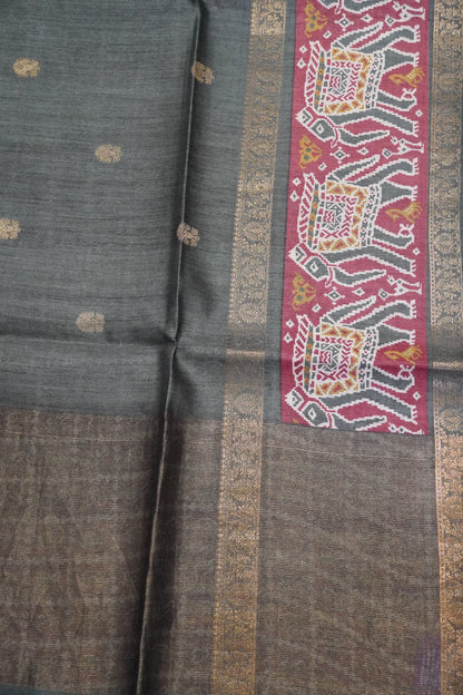Pure Tussar Saree - Elephant Border Army Green