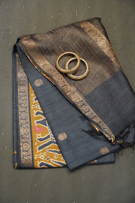 Pure Tussar Saree - Elephant Border Blue
