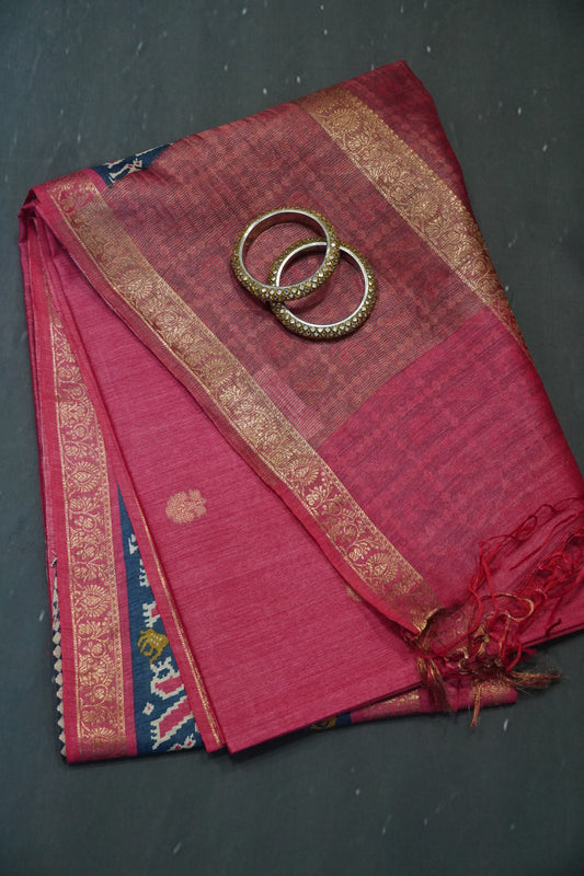 Pure Tussar Saree - Elephant Border Pink