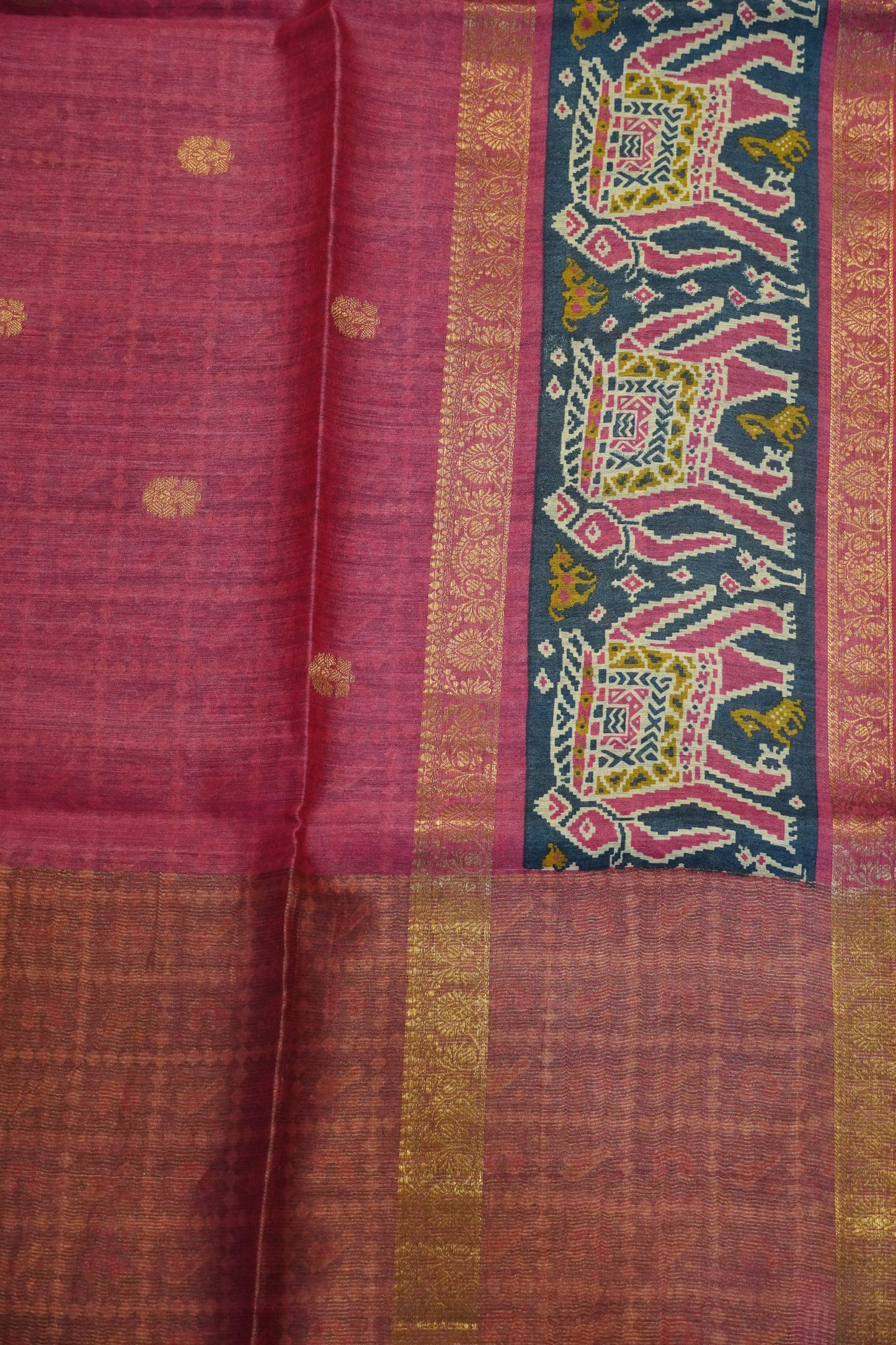 Pure Jute Tussar Saree - Elephant Border Pink