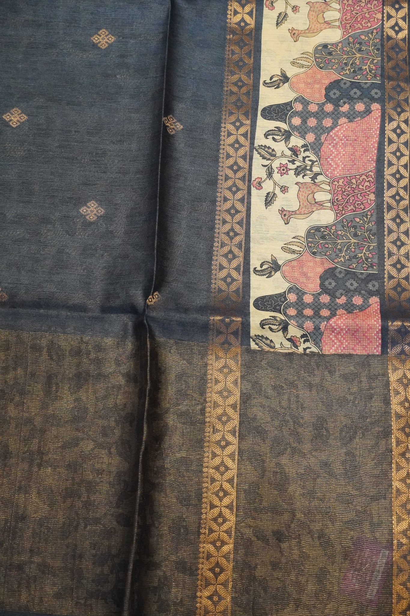 Pure Jute Tussar Saree - Deer Border Blue