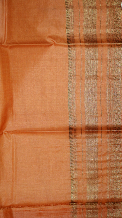 Pure Tussar Saree - Chocolate Brown-Orange