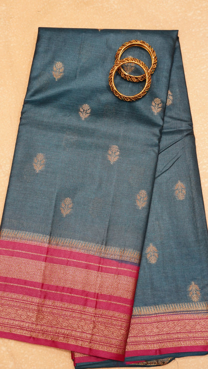 Pure Tussar Saree - Peacock Blue-Magenta