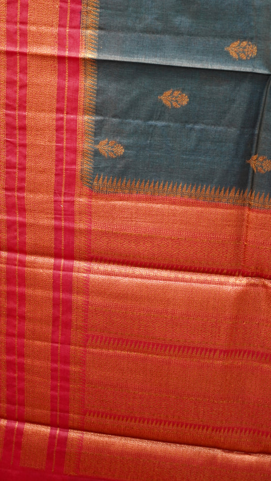 Pure Tussar Saree - Peacock Blue-Magenta