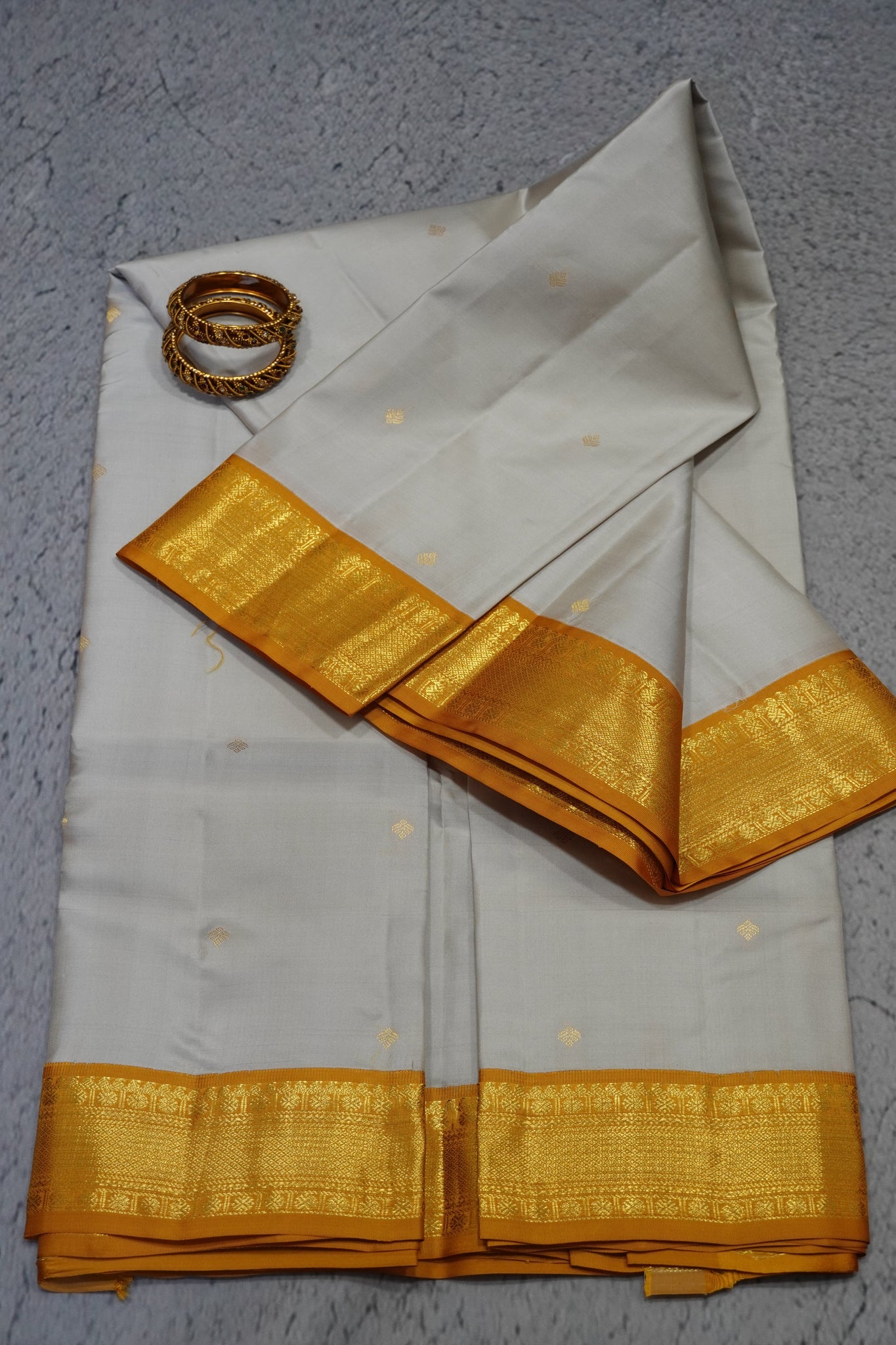 Pure Kanchipuram Silk Saree -Ajrakh Border-Off white-Mustard