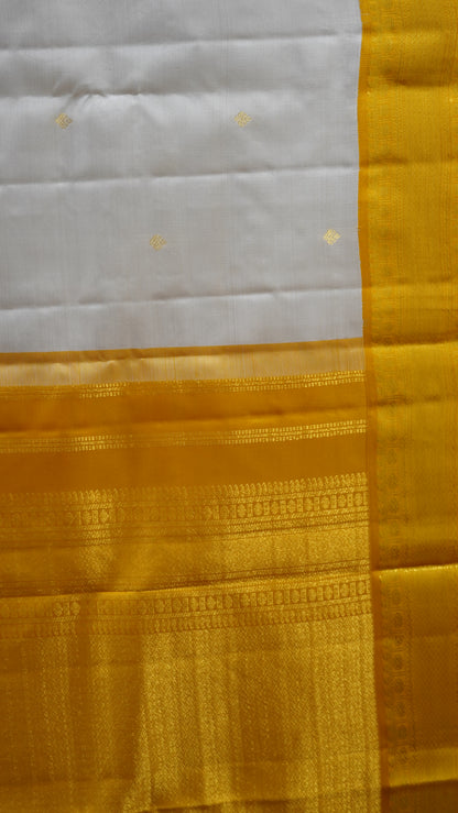 Pure Kanjivaram Silk Saree -Ajrakh Border-Off white-Mustard