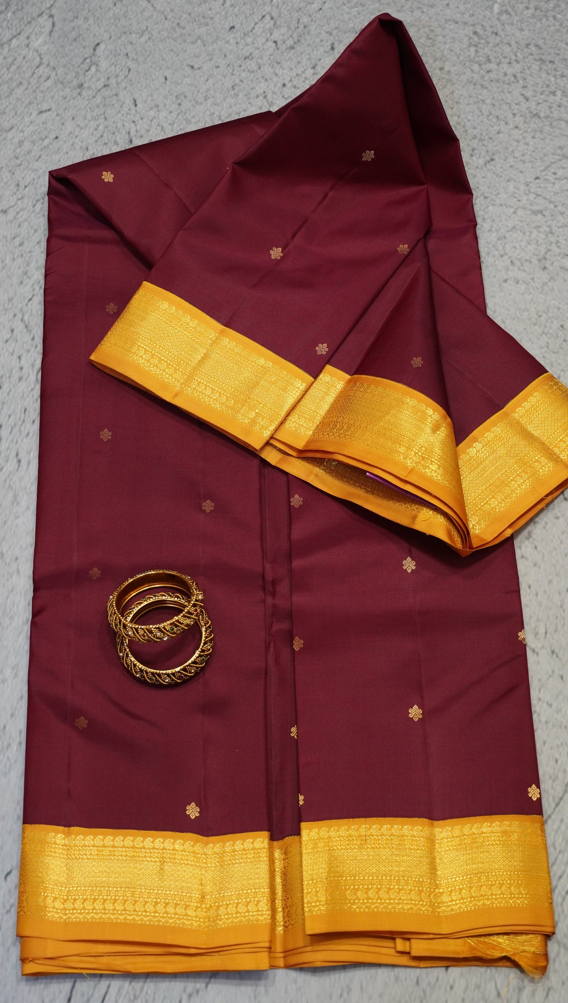 Pure Kanchipuram Silk Saree -Manga Border-Maroon-Mustard