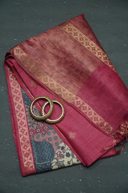 Pure Jute Tussar Saree - Deer Border Pink