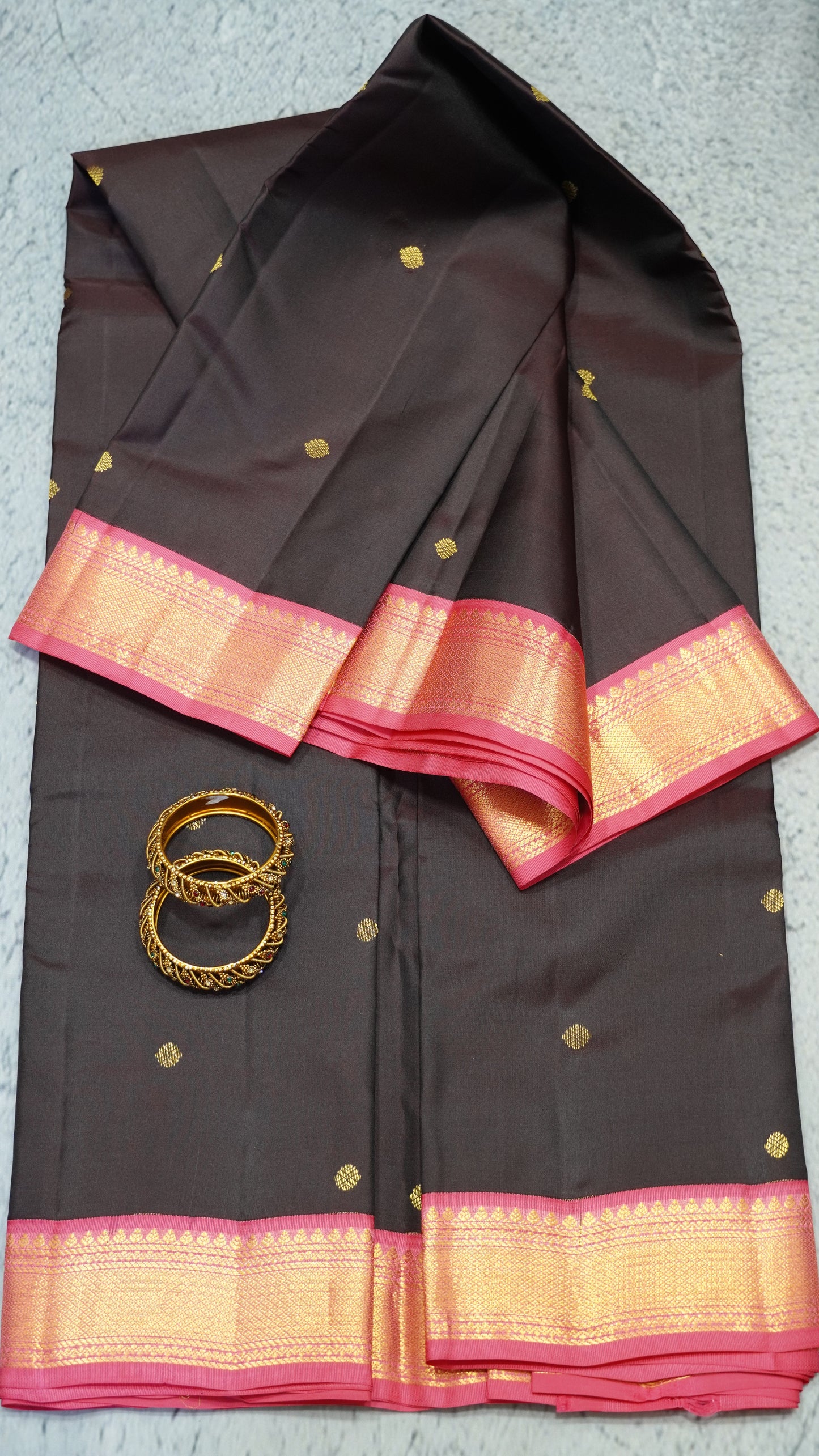 Pure Kanjivaram Silk Saree -Chocolate Brown-Pink