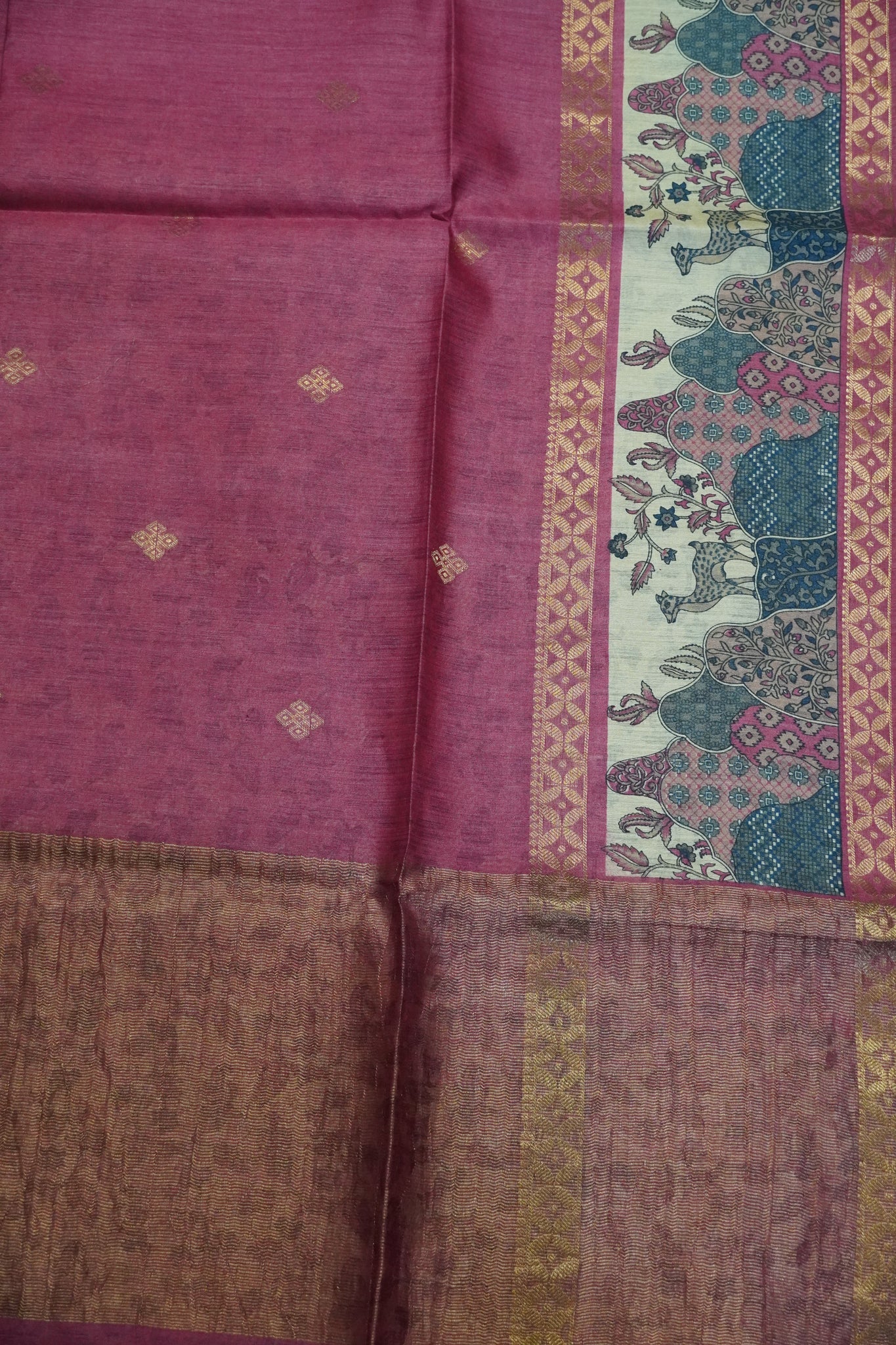 Pure Jute Tussar Saree - Deer Border Pink