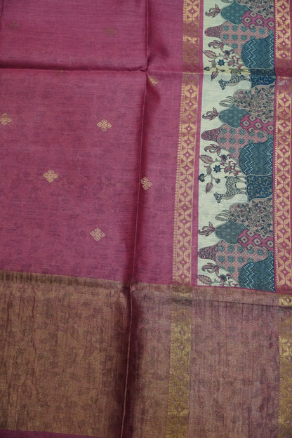 Pure Jute Tussar Saree - Deer Border Pink