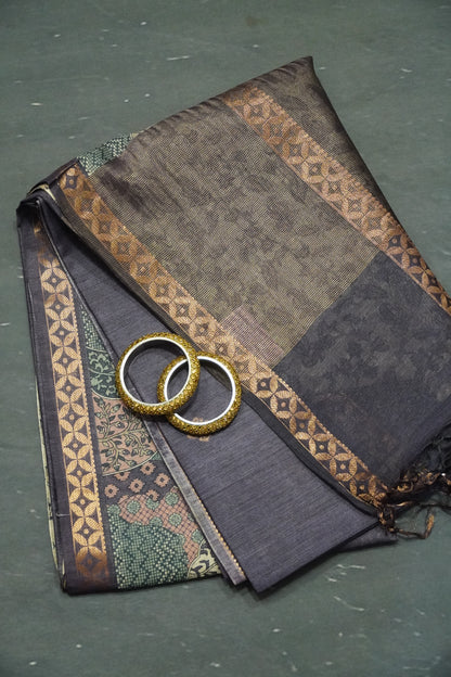Pure Jute Tussar Saree - Deer Border Purple