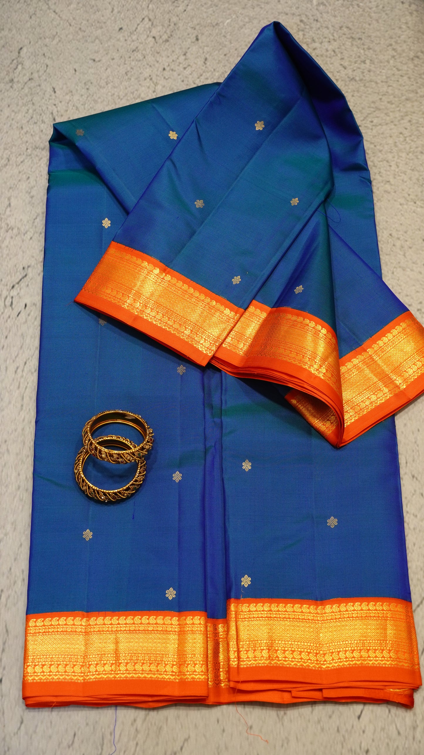 Pure Kanjivaram Silk Saree - Peacock Blue-Orange