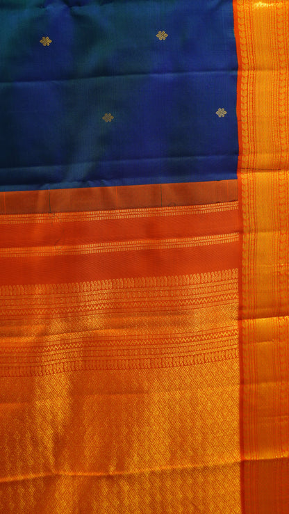 Pure Kanjivaram Silk Saree - Peacock Blue-Orange