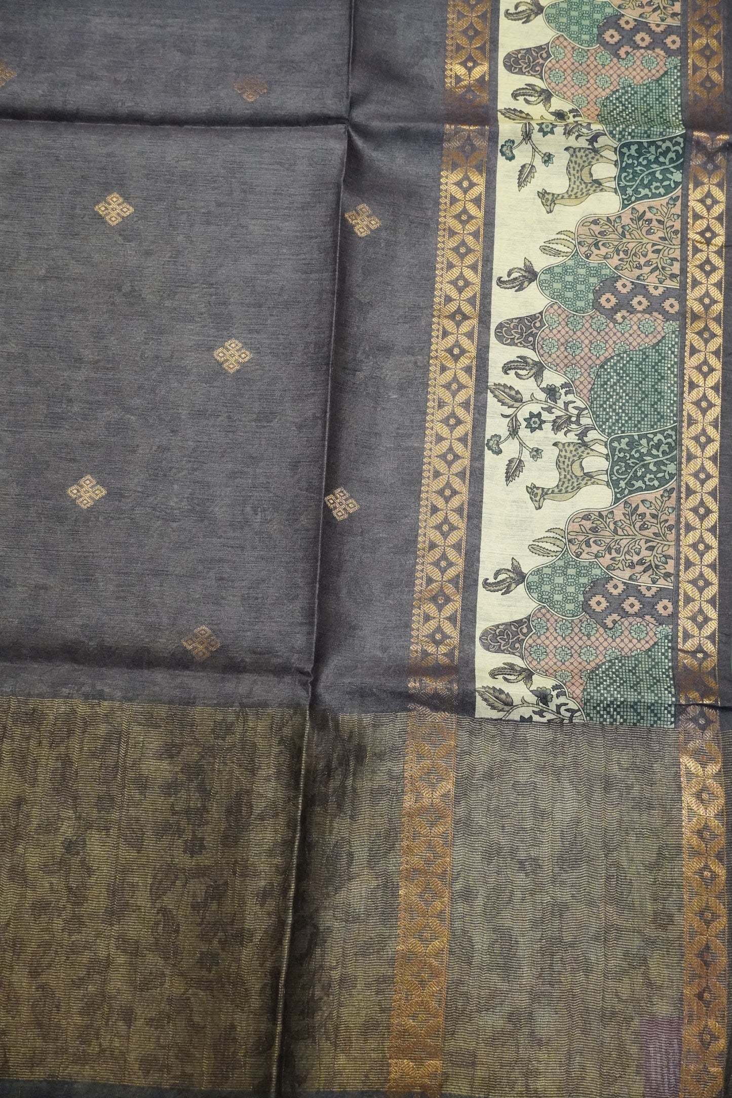 Pure Jute Tussar Saree - Deer Border Purple