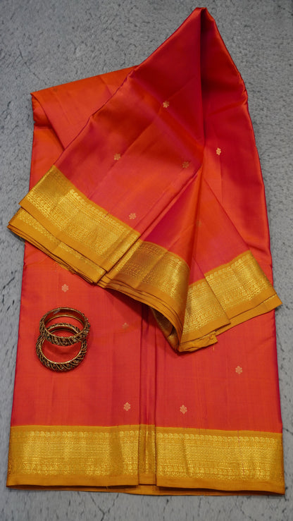 Pure Kanjivaram Silk Saree - Peach Pink-Mustard