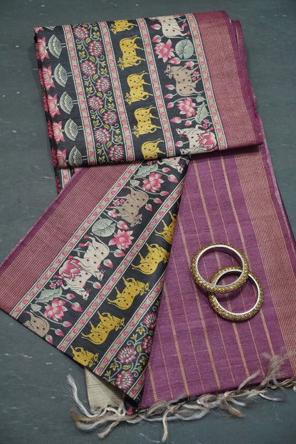 Pure Tussar Saree - Pichwai Wine