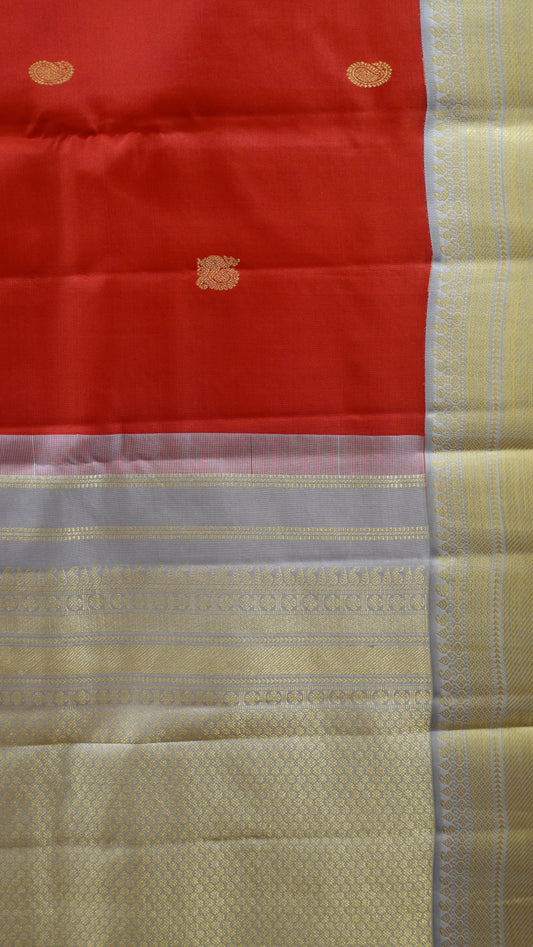 Pure Kanjivaram Silk Saree - Peacock Butta- Red-Grey