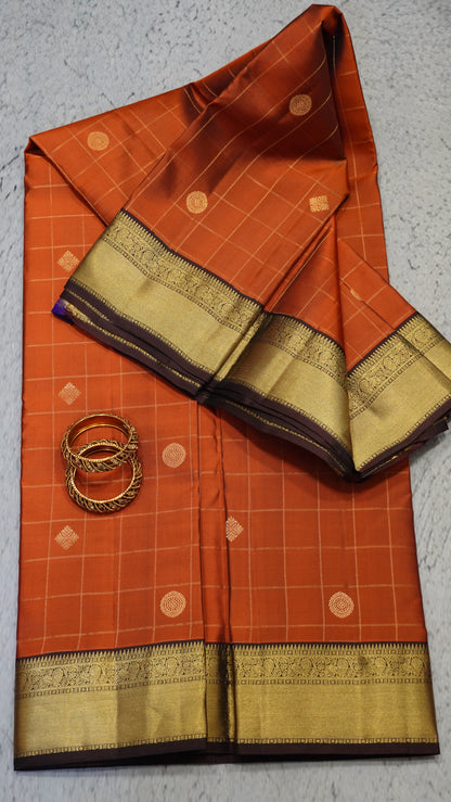 Pure Kanjivaram Silk Saree - Chakram Checks-Honey