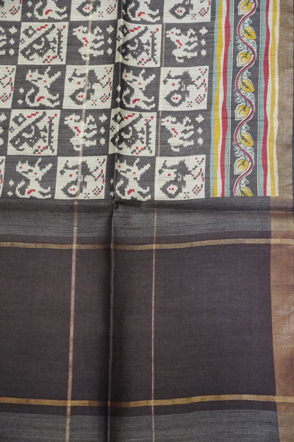 Pure Tussar Saree - Ikkat Figure Brown