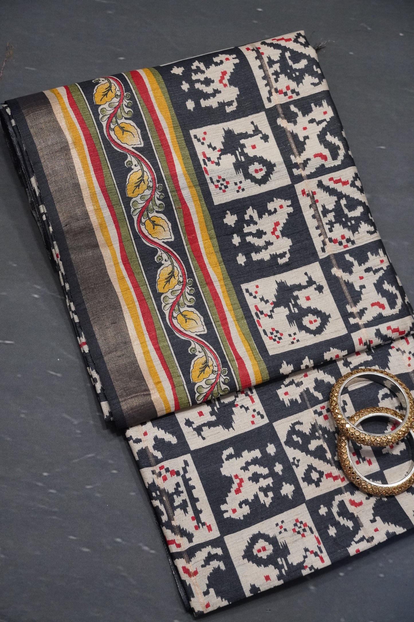 Pure Tussar Saree - Ikkat Border Black