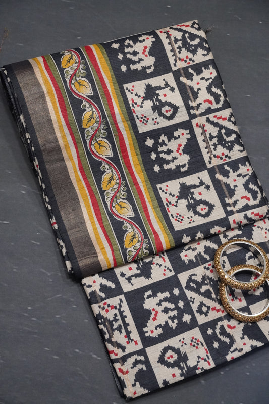 Pure Tussar Saree - Ikkat Border Black