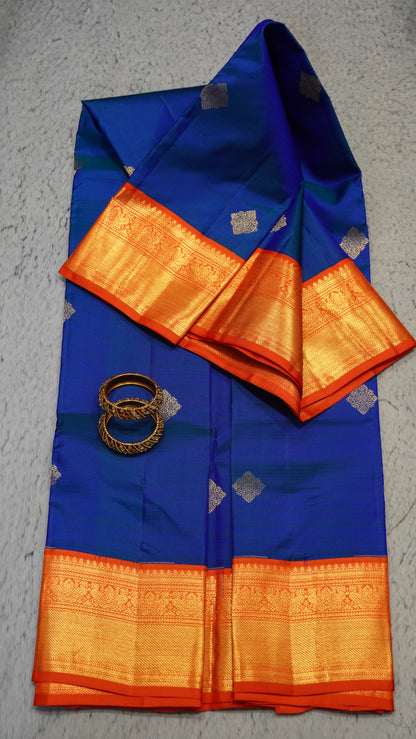 Pure Kanjivaram Silk Saree - Peacock Blue-Orange