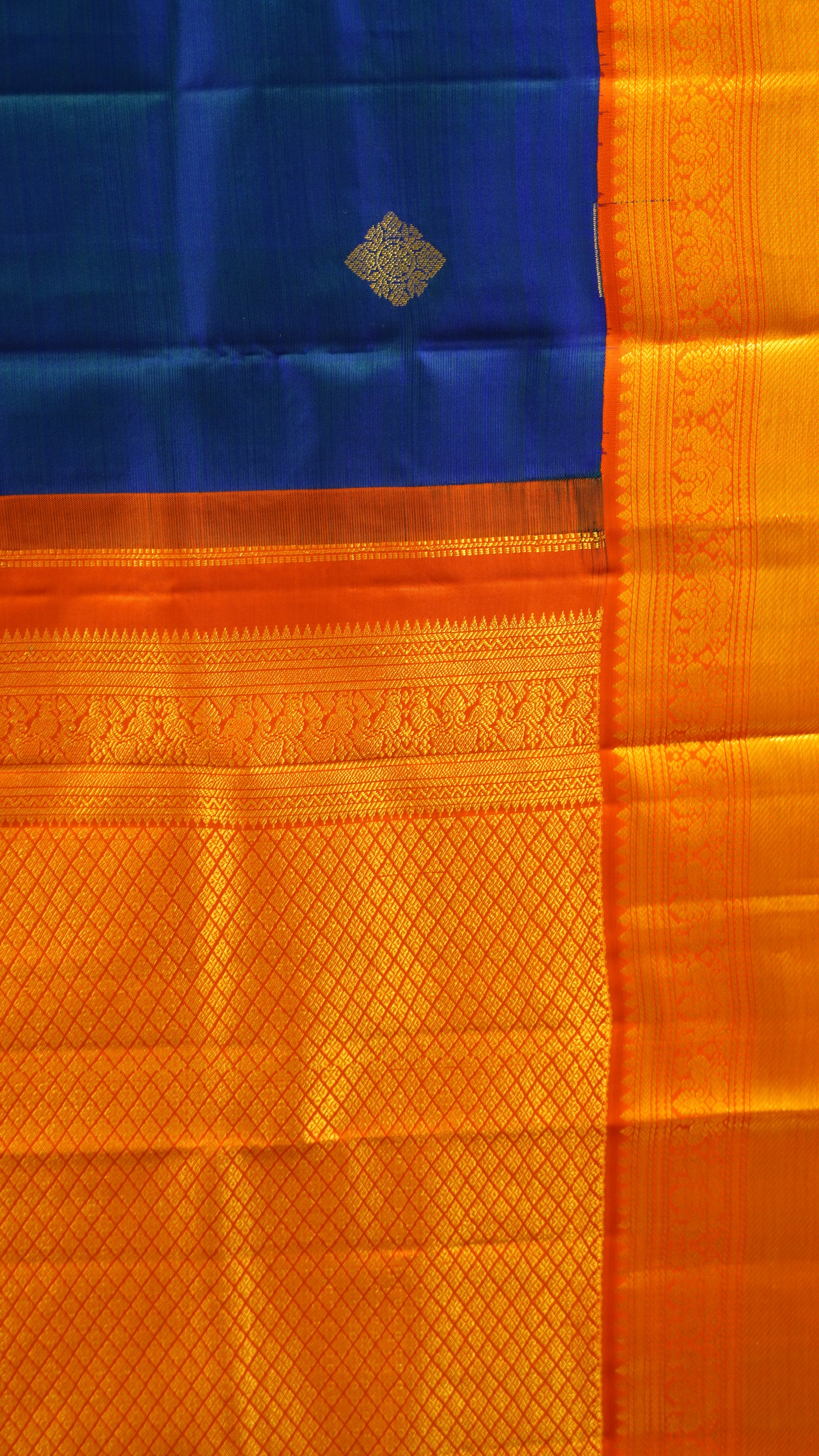 Pure Kanjivaram Silk Saree - Peacock Blue-Orange