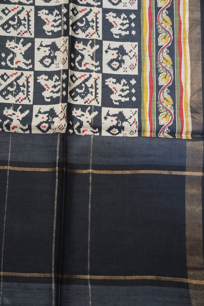 Pure Tussar Saree - Ikkat Border Black