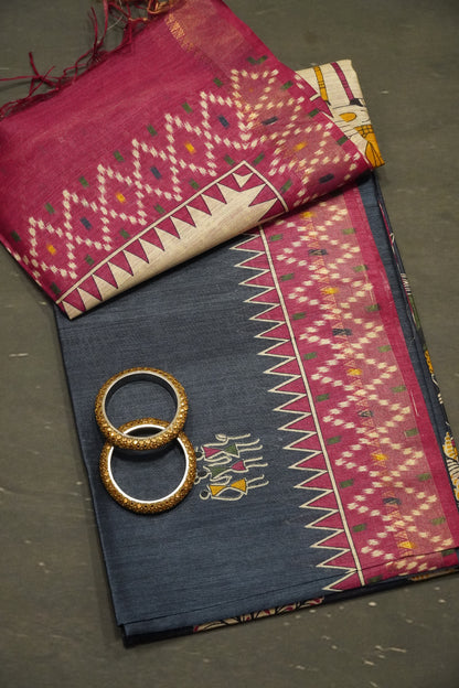 Pure Tussar Saree - Warli Blue
