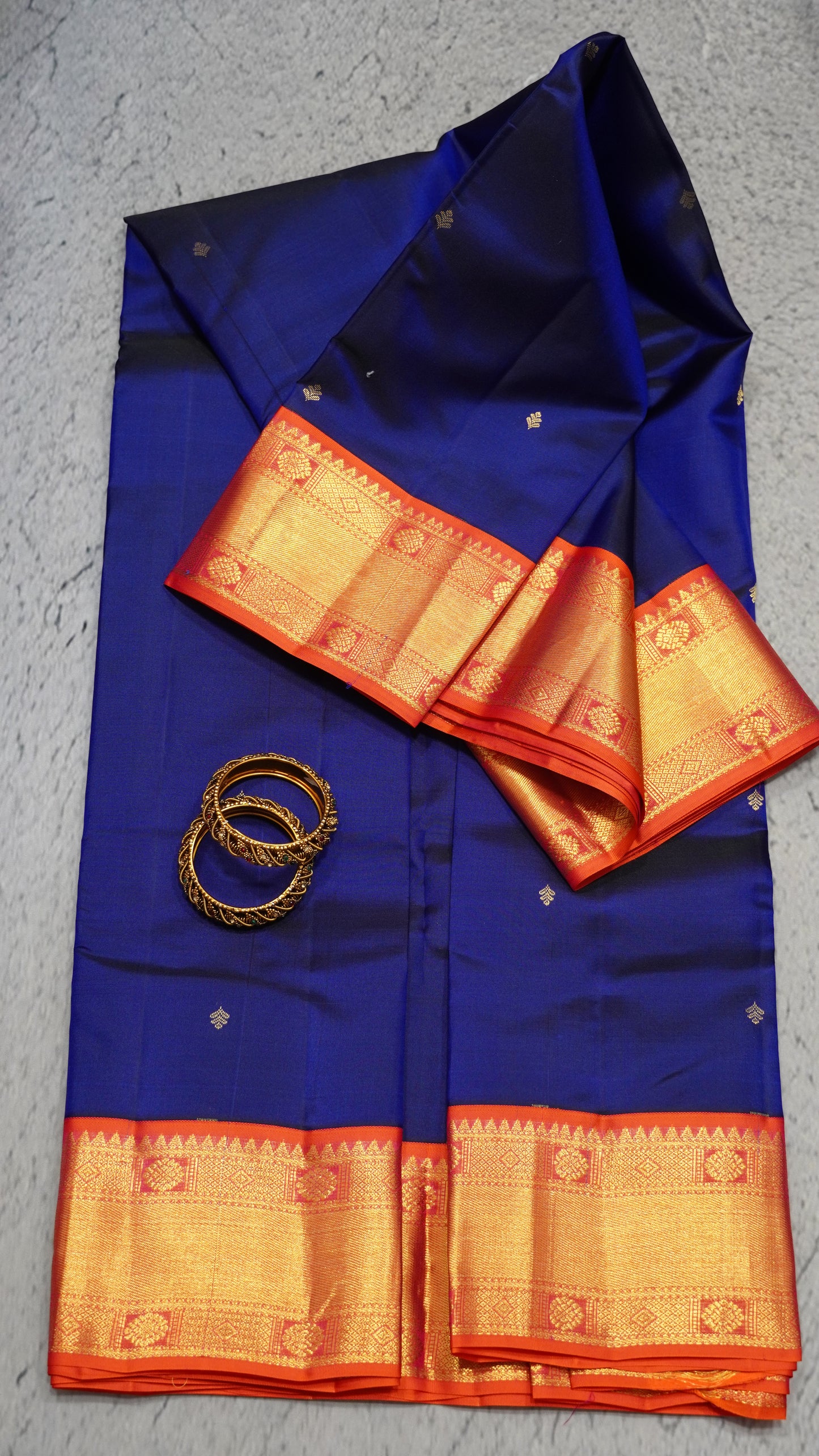 Pure Kanjivaram Silk Saree - Royal Blue-Orange