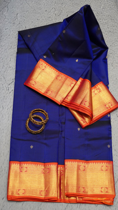 Pure Kanjivaram Silk Saree - Royal Blue-Orange