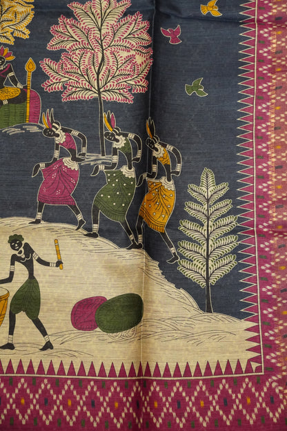 Pure Tussar Saree - Warli Blue