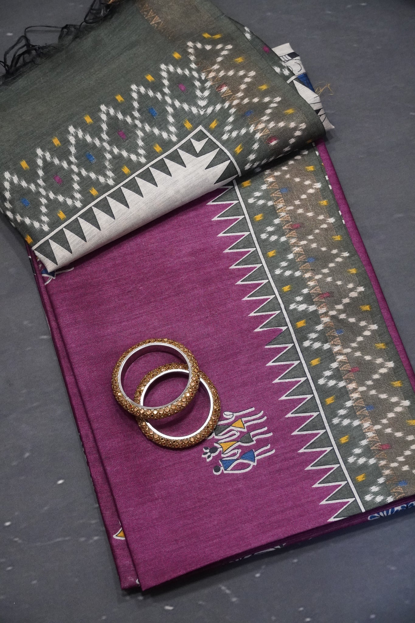 Pure Tussar Saree - Warli Wine