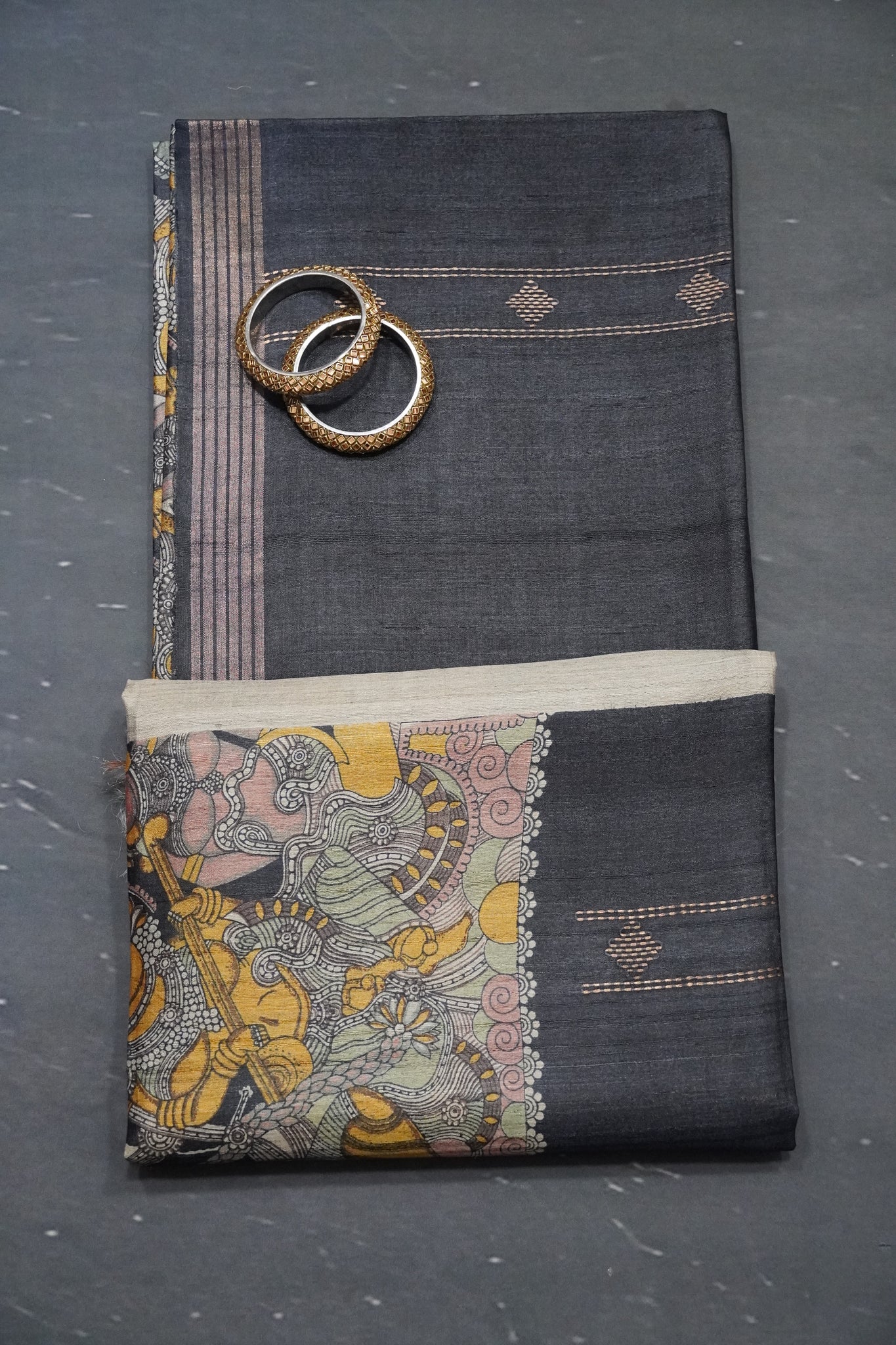 Pure Tussar Saree - Panel Black