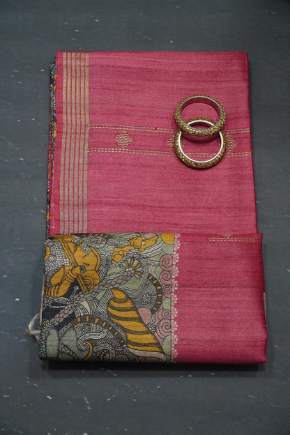 Pure Tussar Saree - Panel Dark Pink