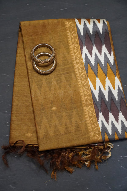 Pure Tussar Saree - Ikkat Border Mustard