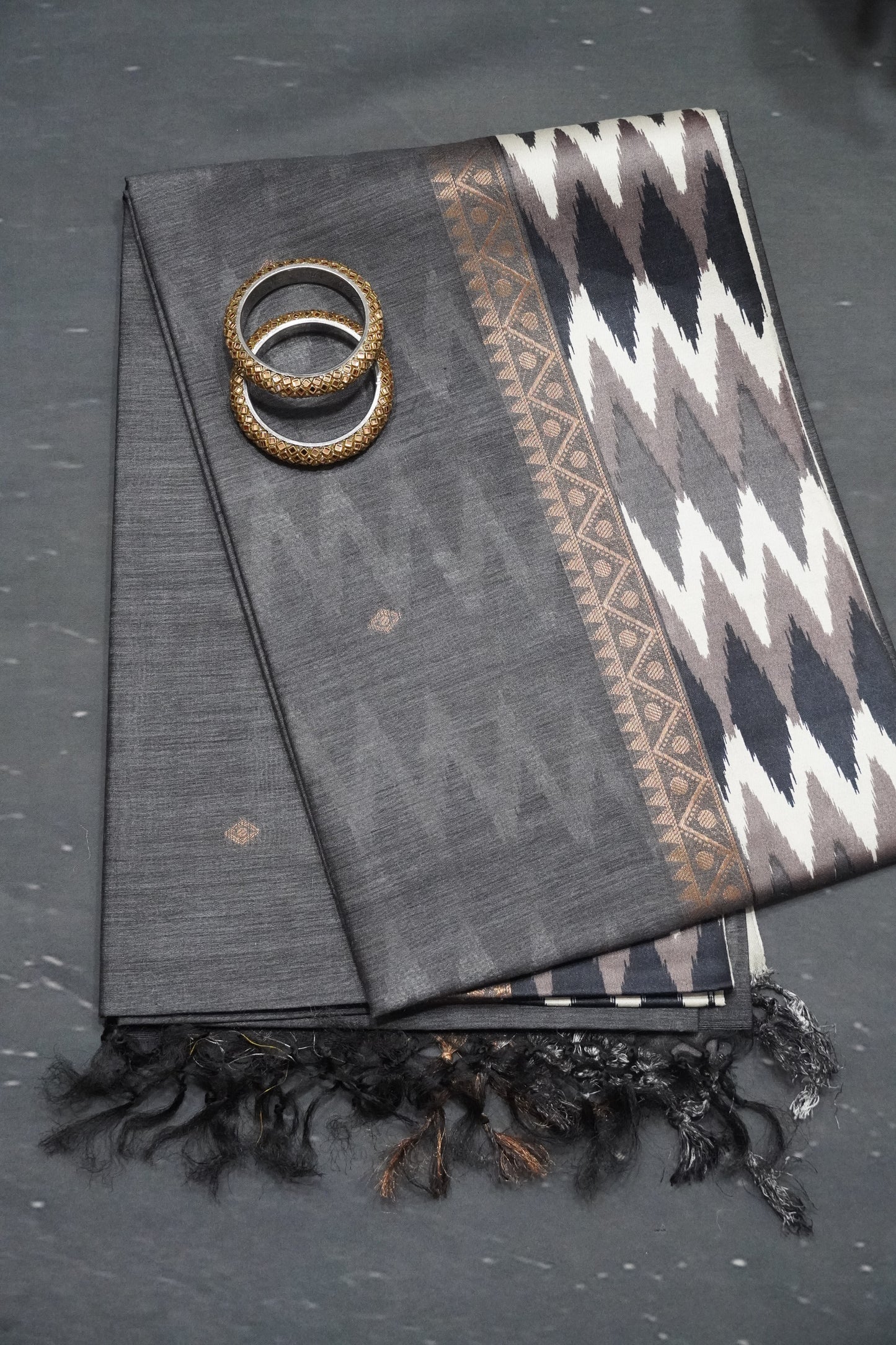 Pure Tussar Saree - Ikkat Border Grey