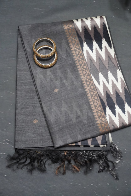 Pure Tussar Saree - Ikkat Border Grey