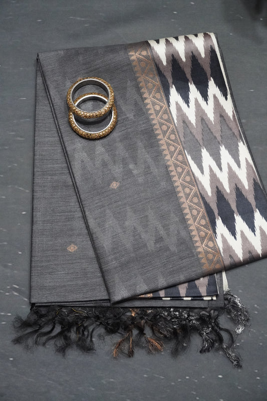 Pure Tussar Saree - Ikkat Border Grey