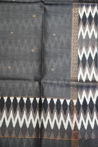 Pure Tussar Saree - Ikkat Border Grey
