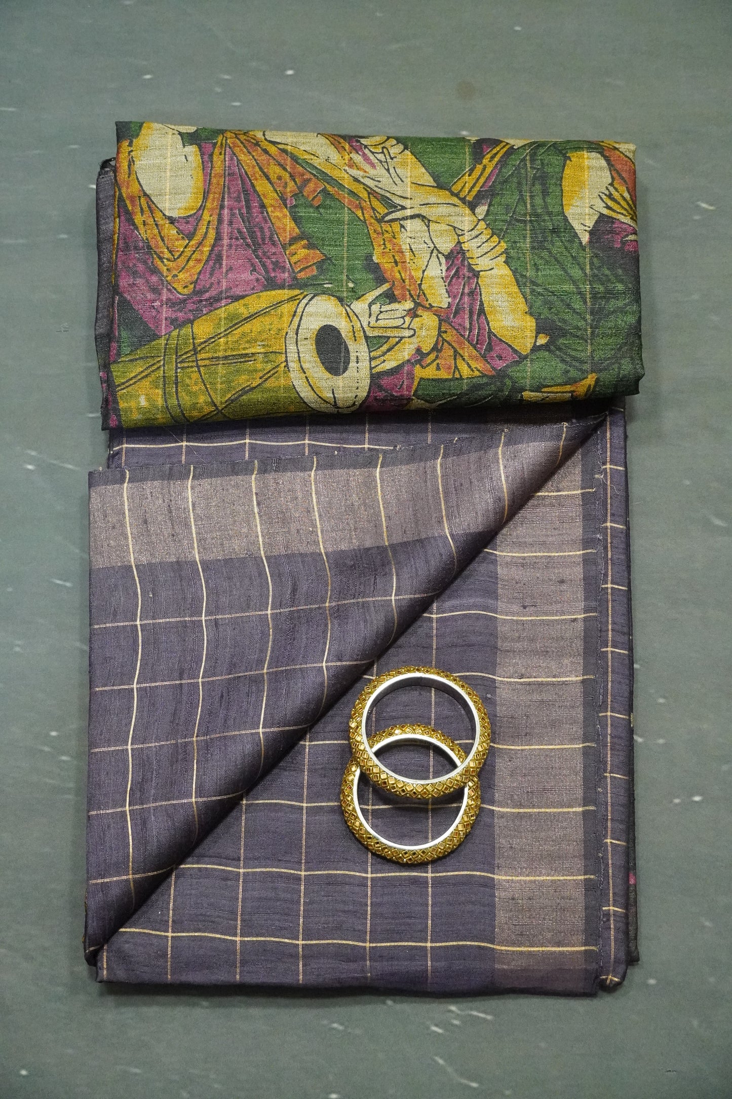 Dupion Saree - Checks Dark Purple